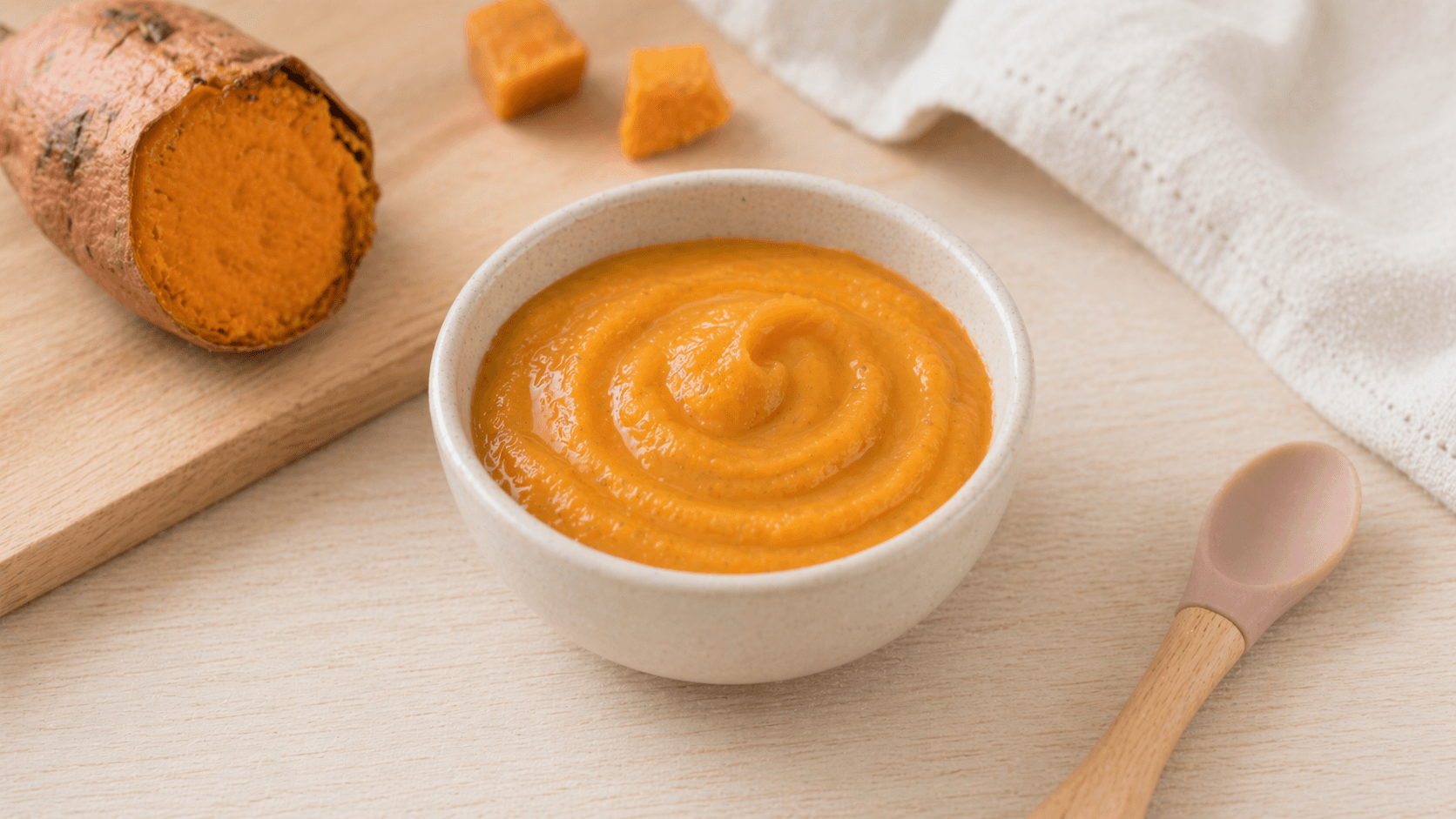 Smooth sweet potato baby food puree in small portions for feeding and freezing