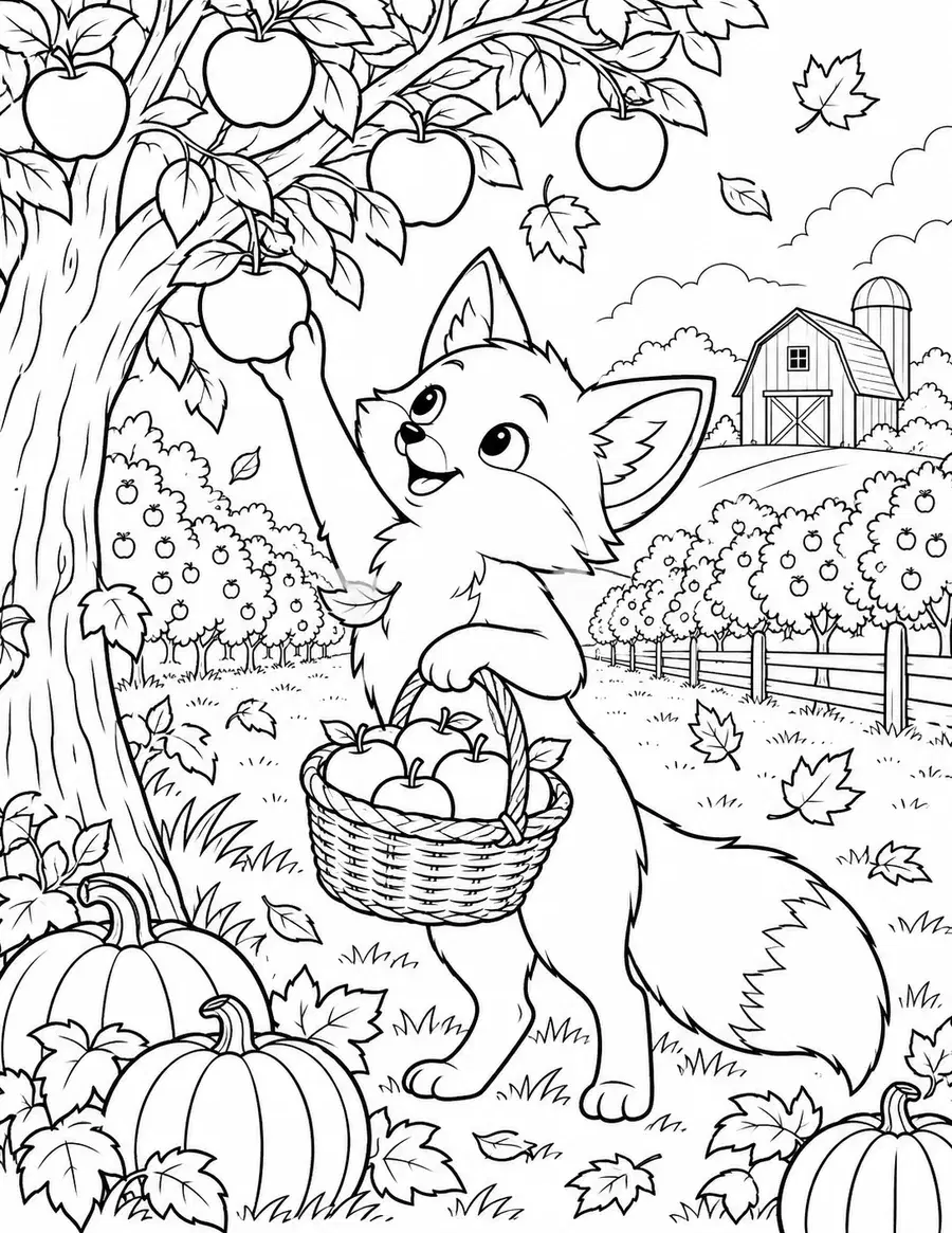 Fox Picking Apples Coloring Page preview