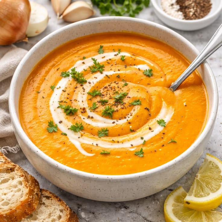 Bowl of creamy sweet potato soup with a swirl on top.