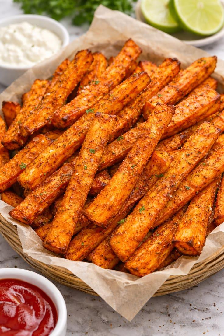 Crispy baked sweet potato fries on a tray.
