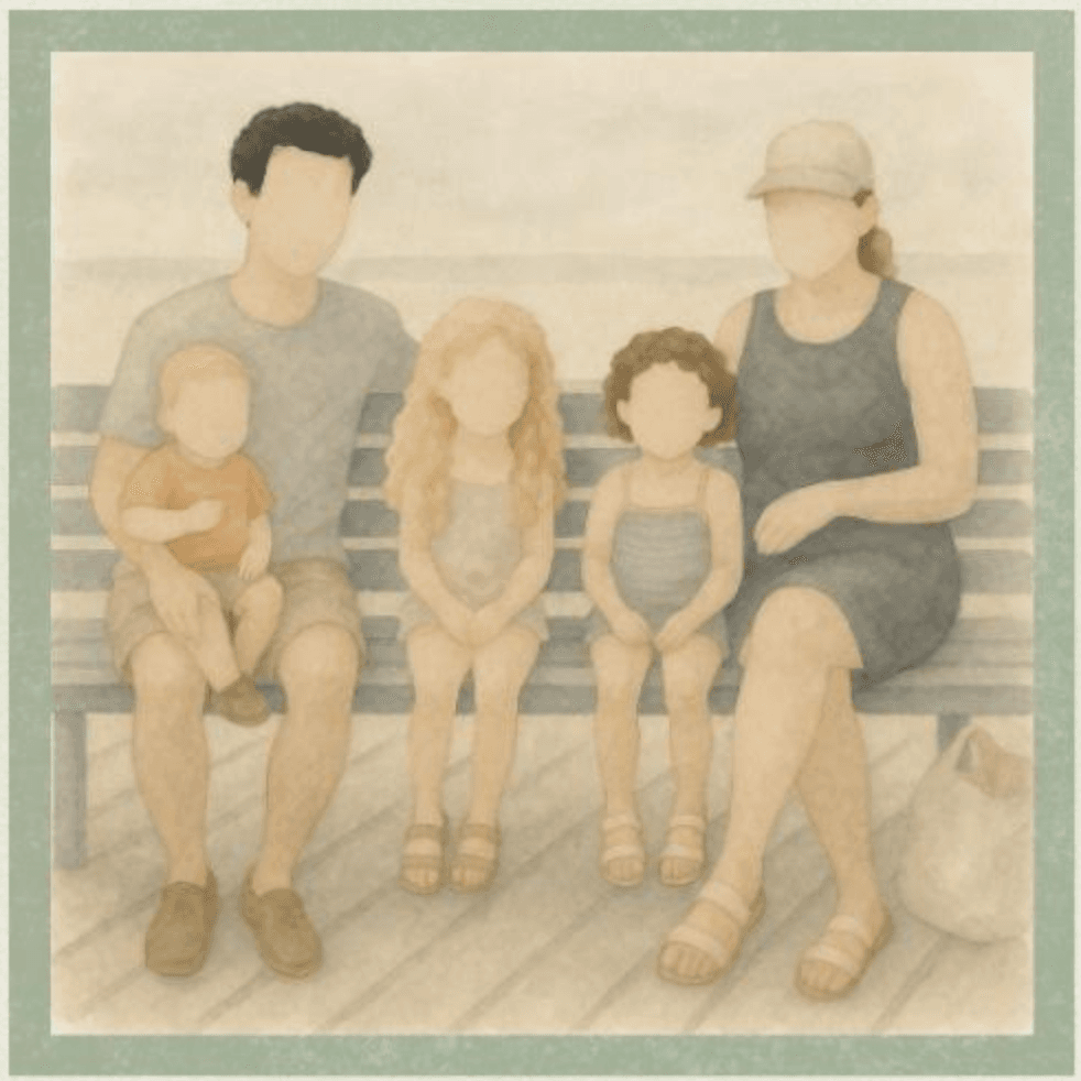Illustration of the NapTime Village family sitting together on a bench