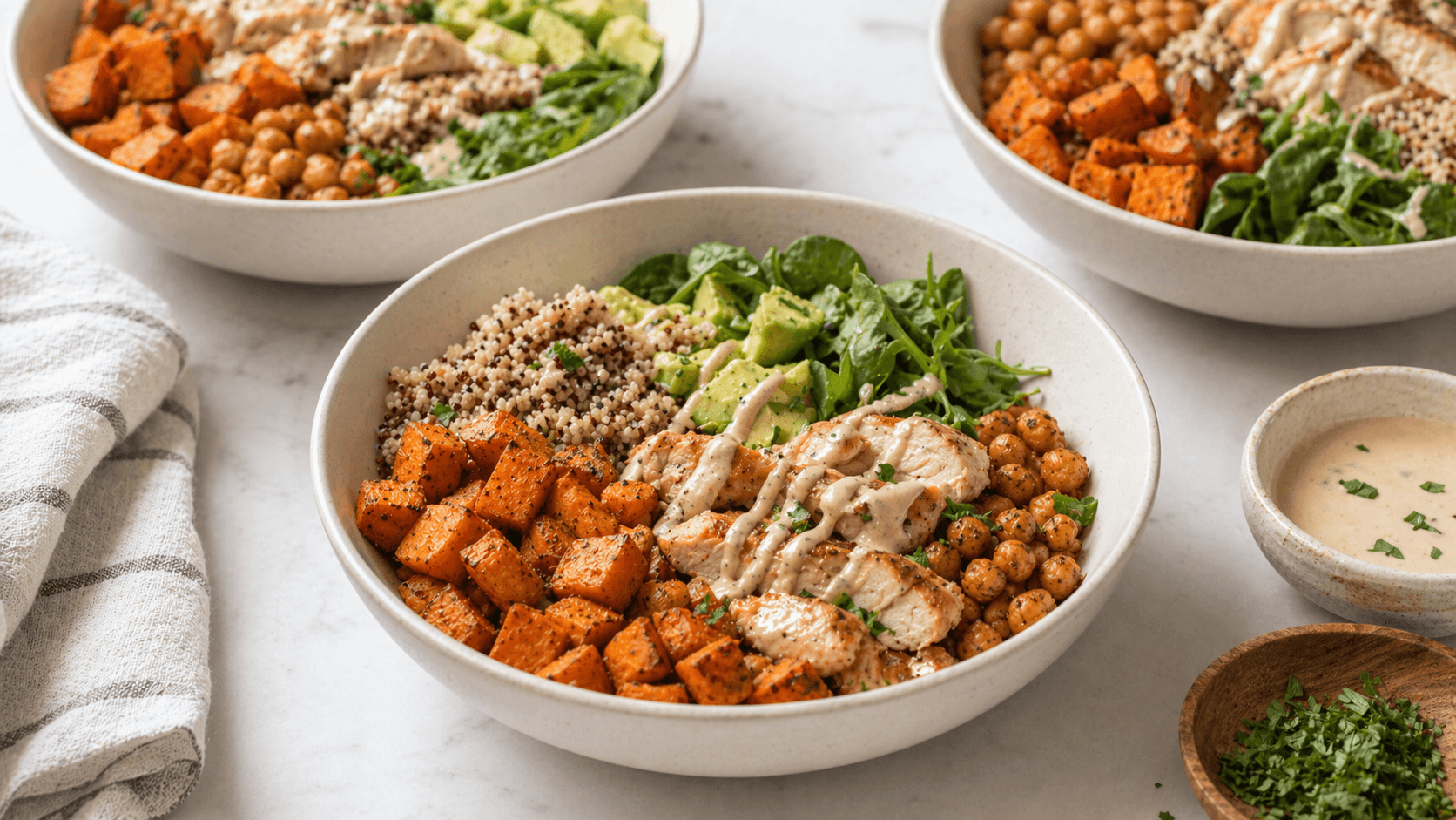 Sweet potato meal prep bowls with quinoa, black beans, spinach, avocado, and lime in lunch containers
