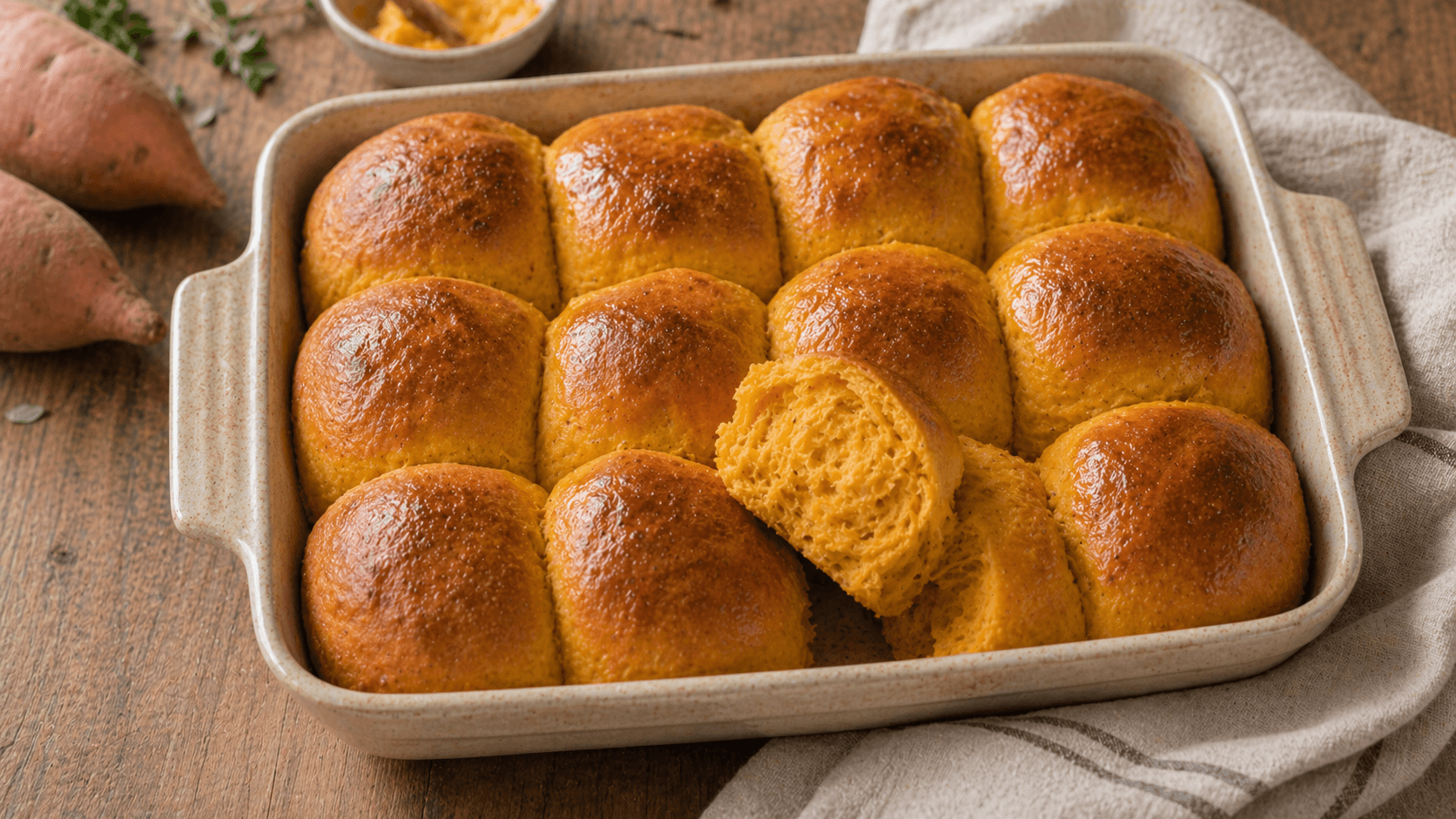 Soft sweet potato sourdough dinner rolls with golden tops in a baking dish