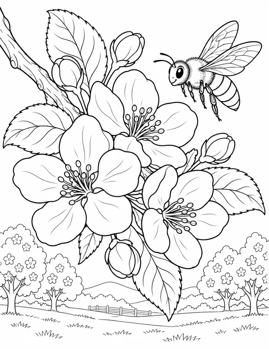 Apple Blossom and Honeybee Coloring Page