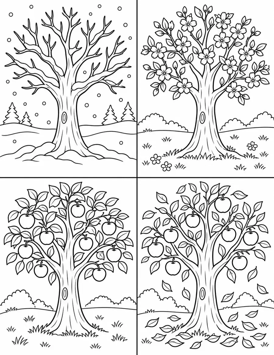 Apple Tree Through the Four Seasons Coloring Page