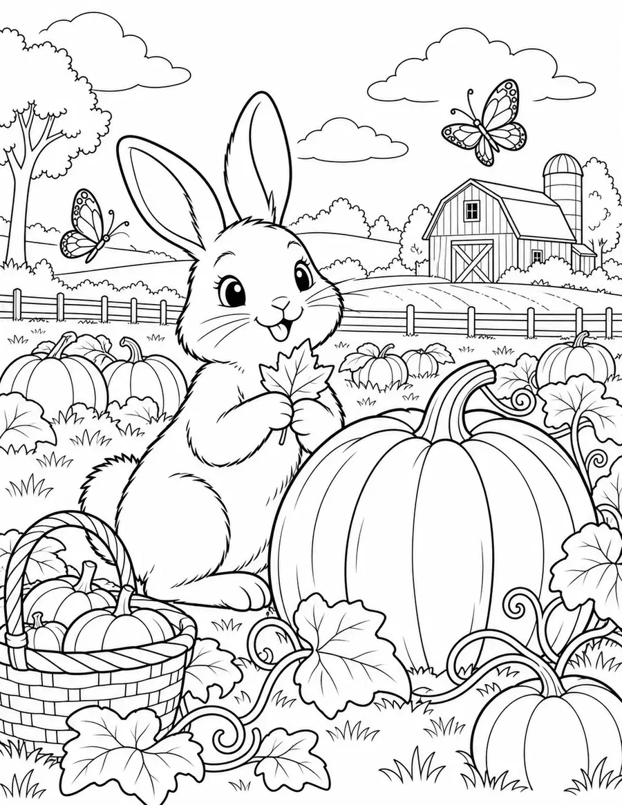 Bunny in a Pumpkin Patch Coloring Page