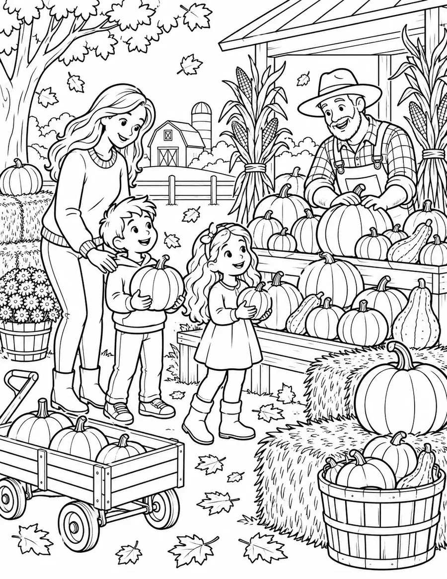 Family at a Pumpkin Farm Stand Coloring Page