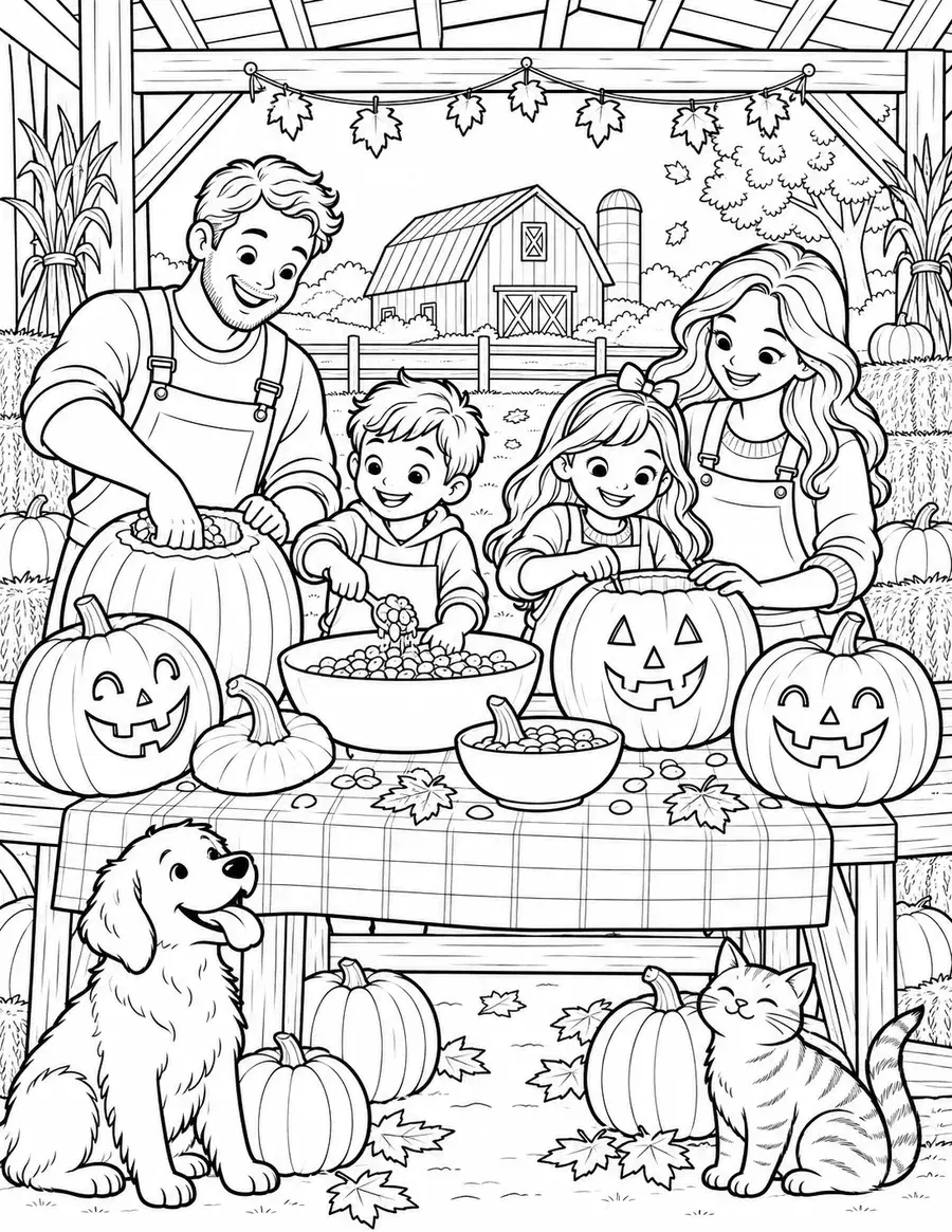 Family Pumpkin Carving Coloring Page