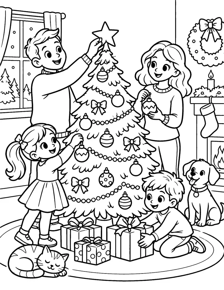 Family Decorating the Christmas Tree Coloring Page