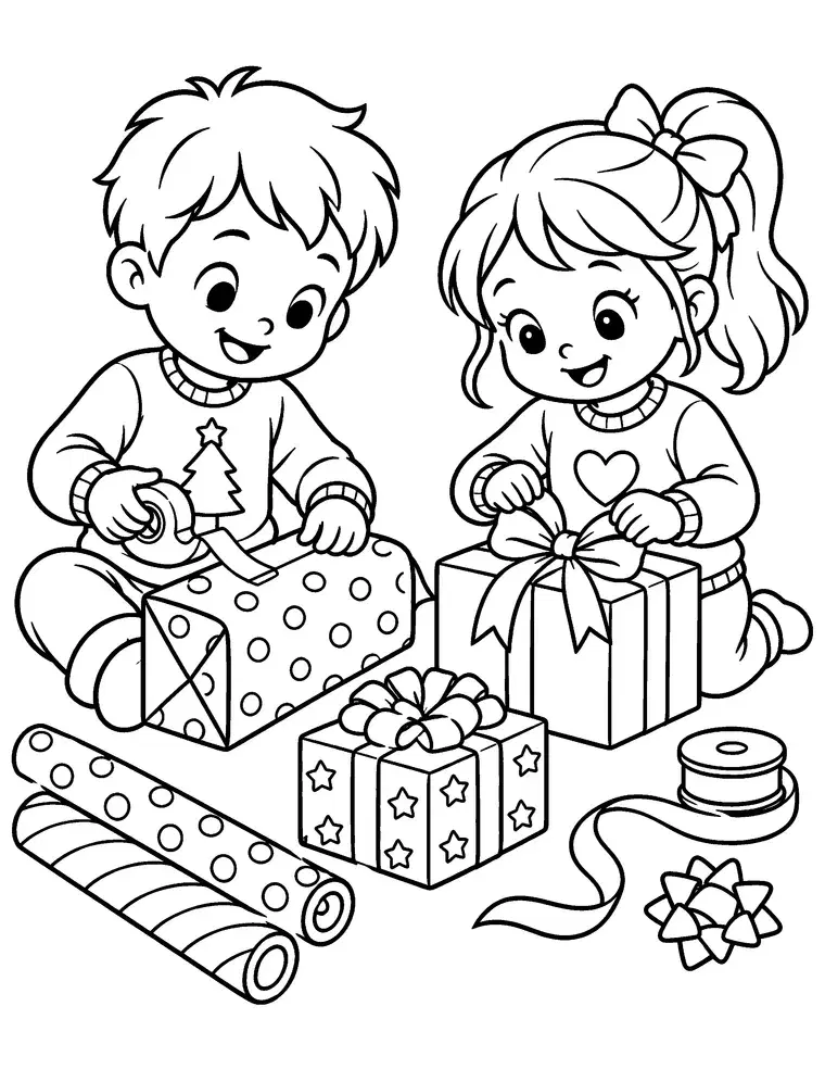 Kids Wrapping Christmas Presents Coloring Page