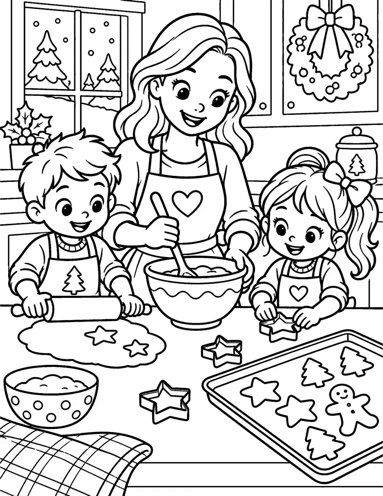 Family Baking Christmas Cookies Coloring Page