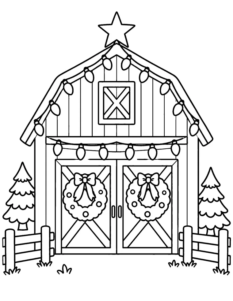 Christmas Barn With Lights Coloring Page