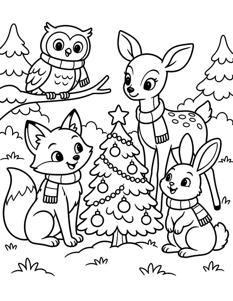 Woodland Animals Christmas Coloring Page