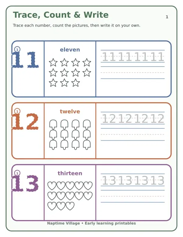 Number Tracing Worksheets 11–20