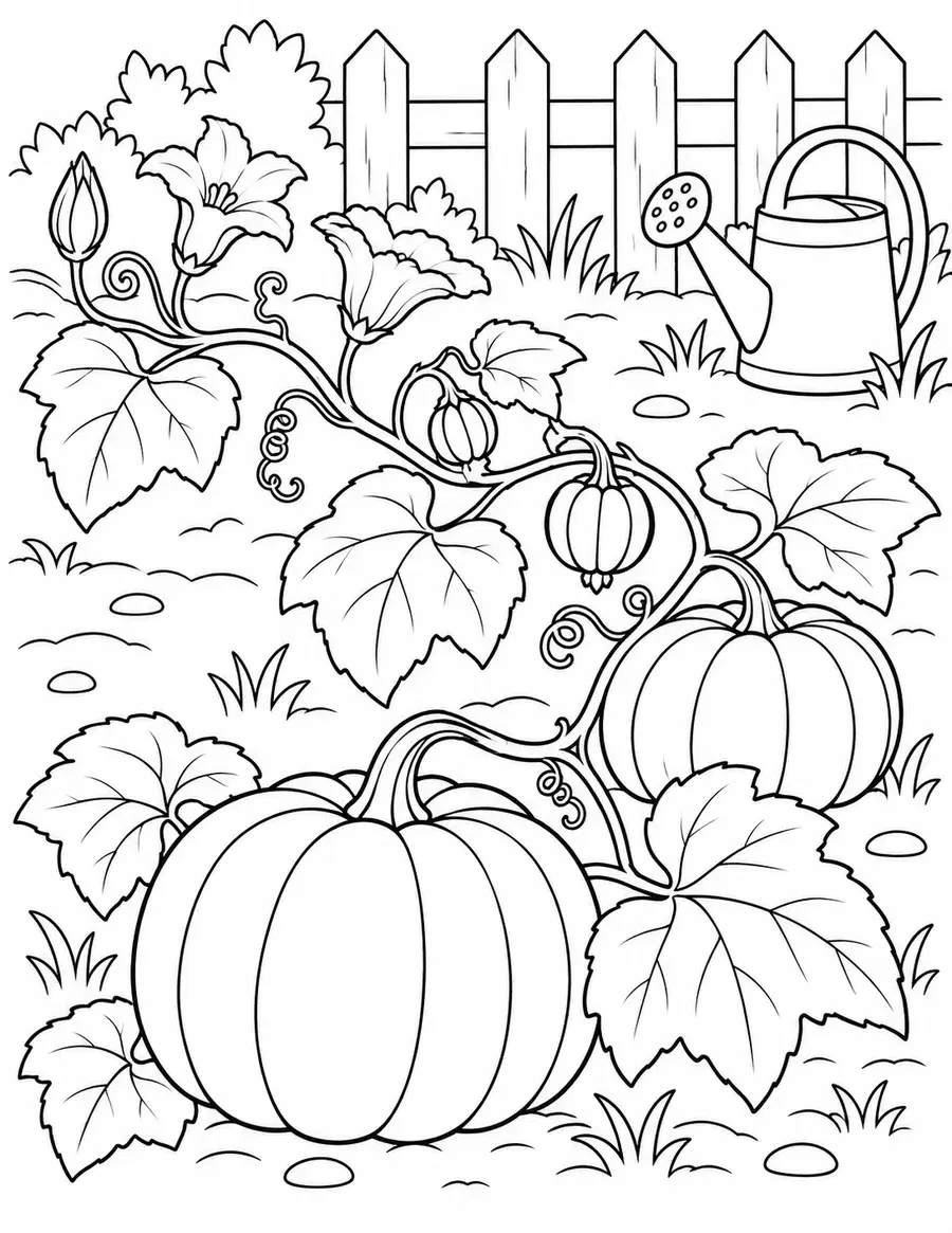 Pumpkin Growth in the Garden Coloring Page