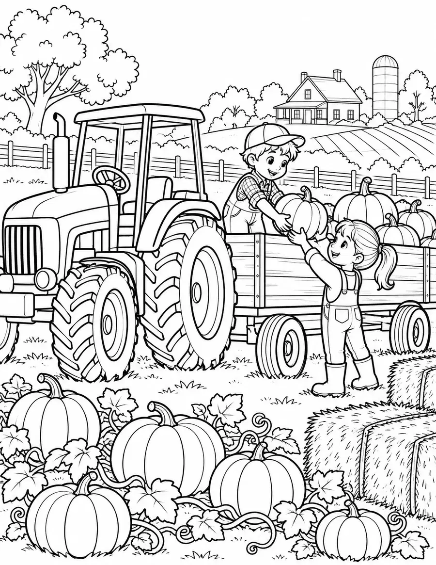Pumpkin Harvest Tractor Wagon Coloring Page