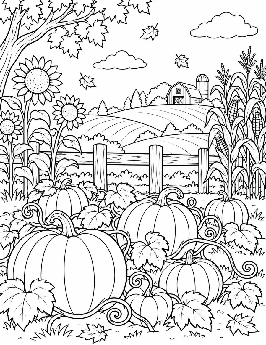 Pumpkin Patch and Sunflower Field Coloring Page