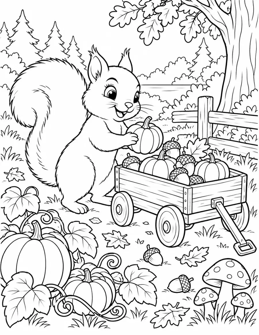 Squirrel Pumpkin Harvest Coloring Page
