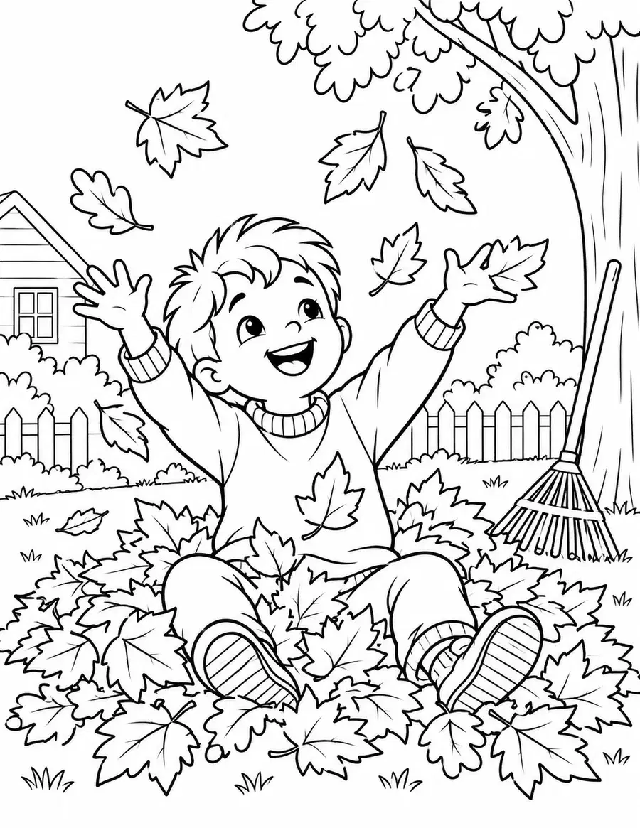 Toddler Playing in a Leaf Pile Coloring Page