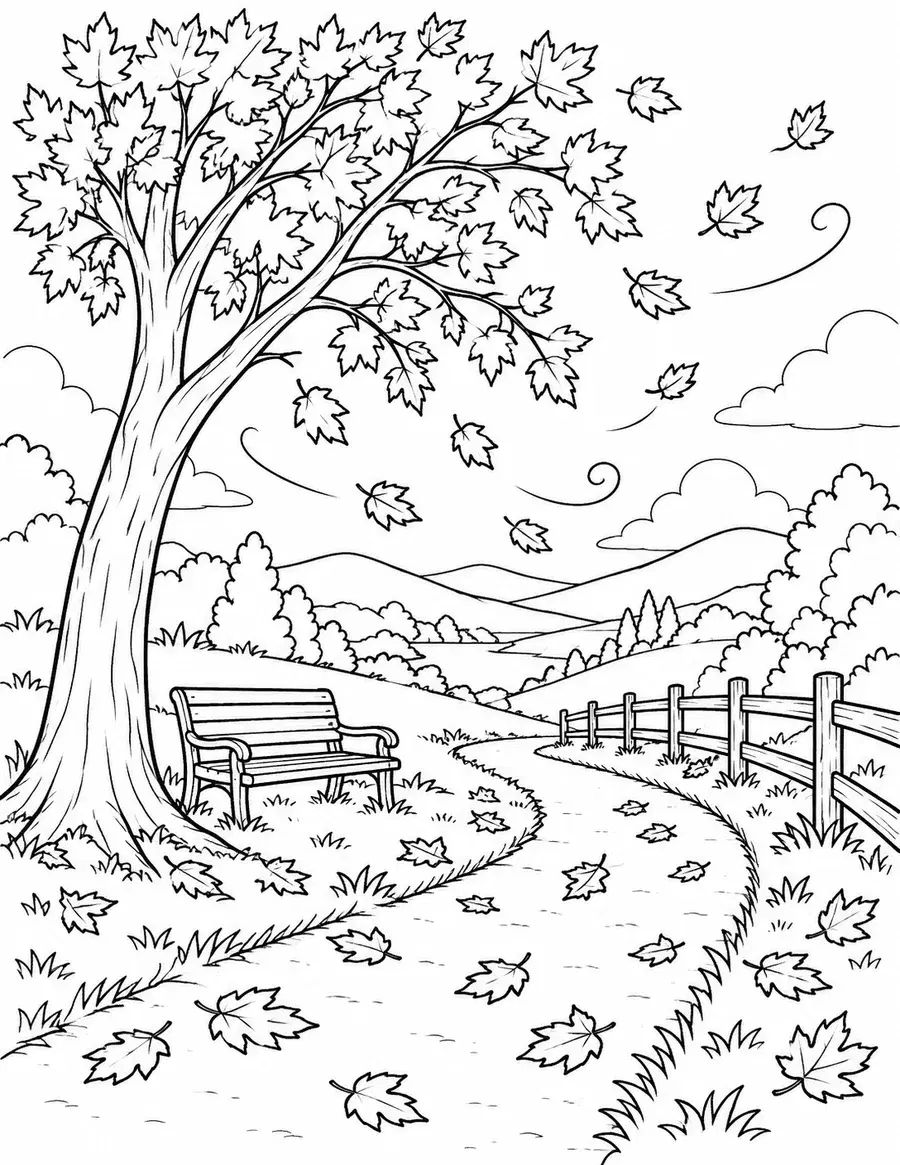 Windy Autumn Tree Coloring Page