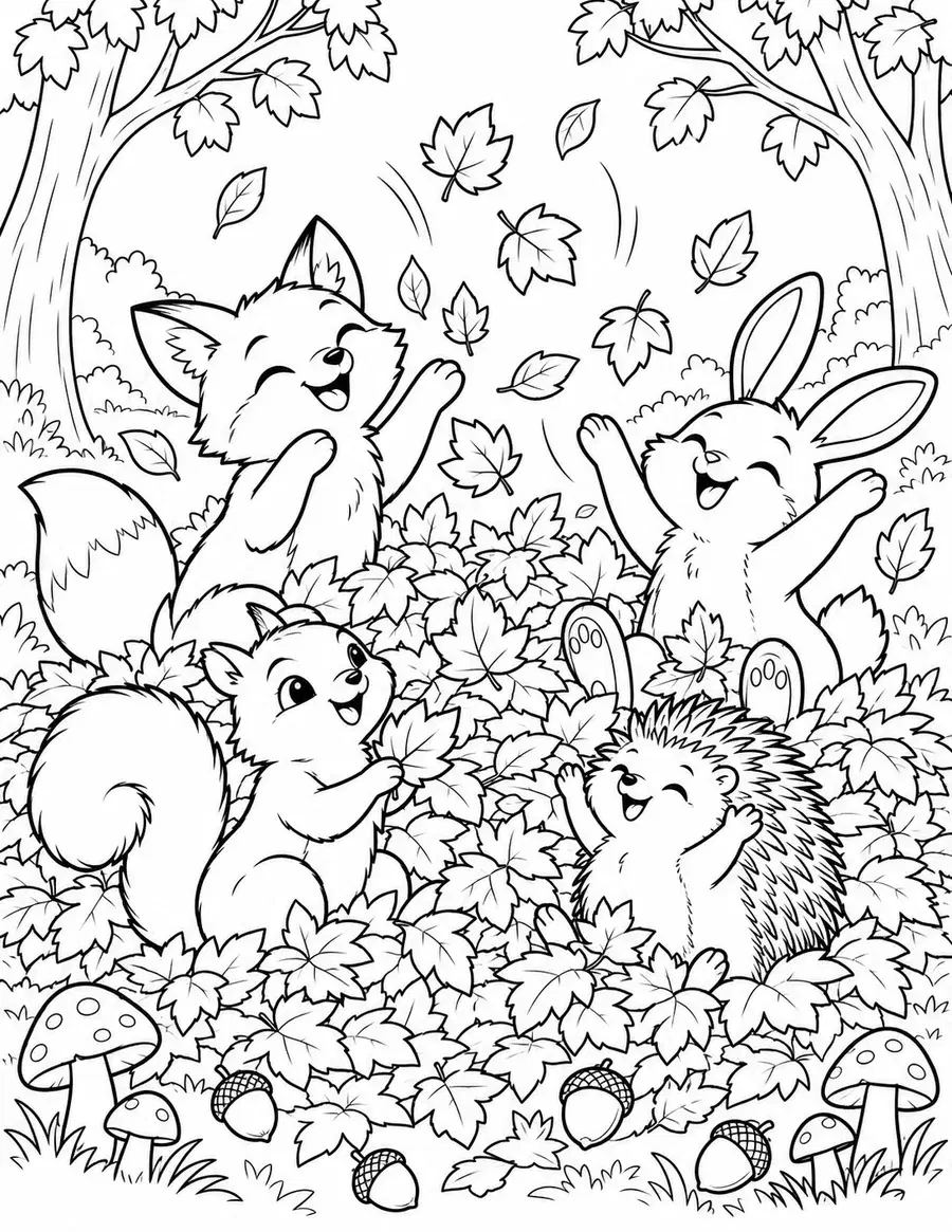 Woodland Animals Playing in Leaves Coloring Page