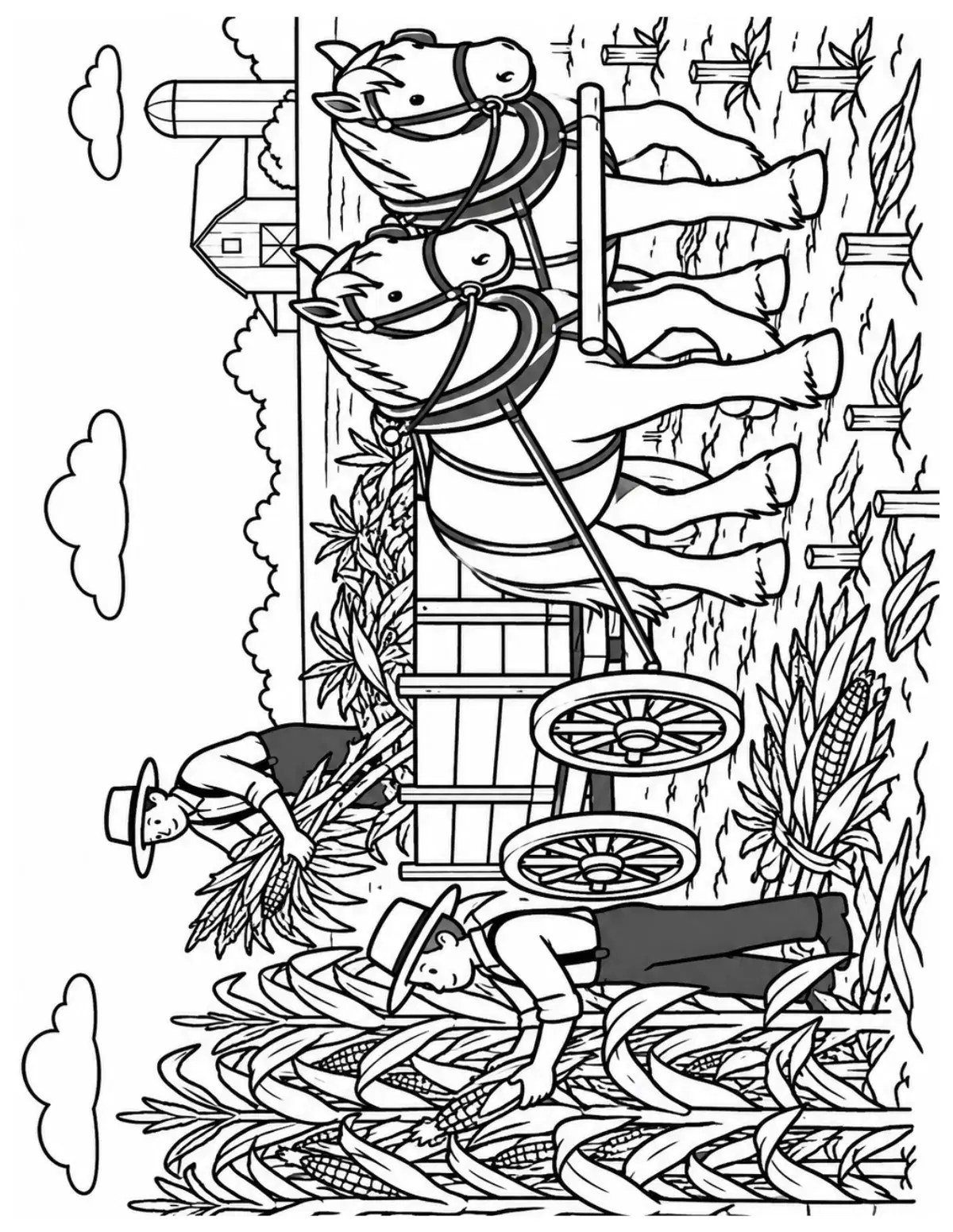 Horse-Drawn Corn Harvest Coloring Page