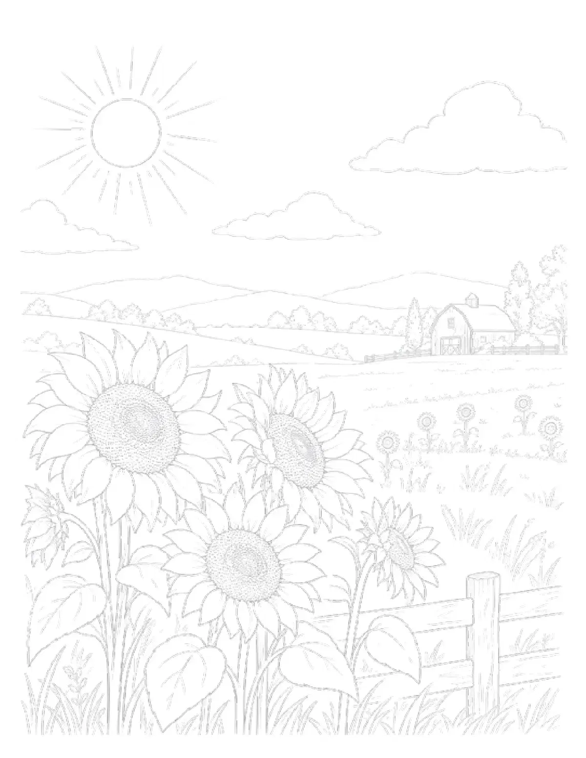 Free Coloring Page: Challenging Sunflowers & Farm Scene