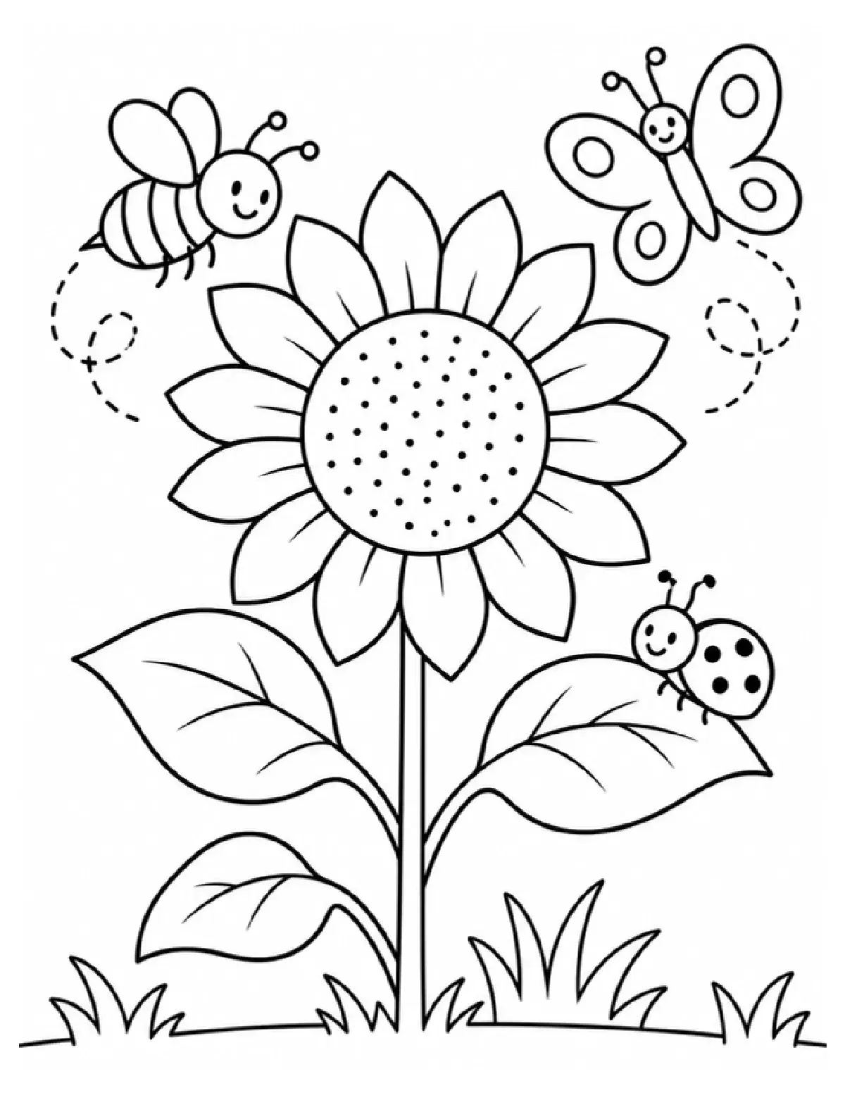 Free Easy Coloring Page: Sunflower and Pollinators