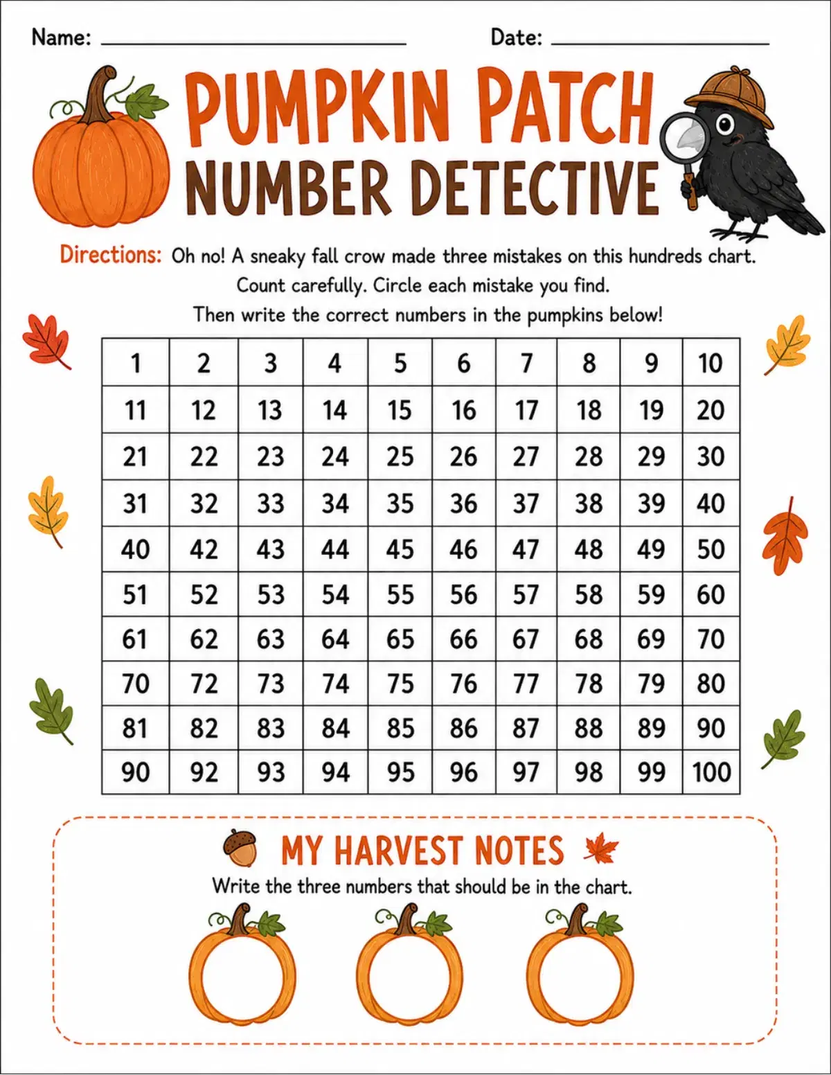 Pumpkin Patch Hundreds Chart Number Detective