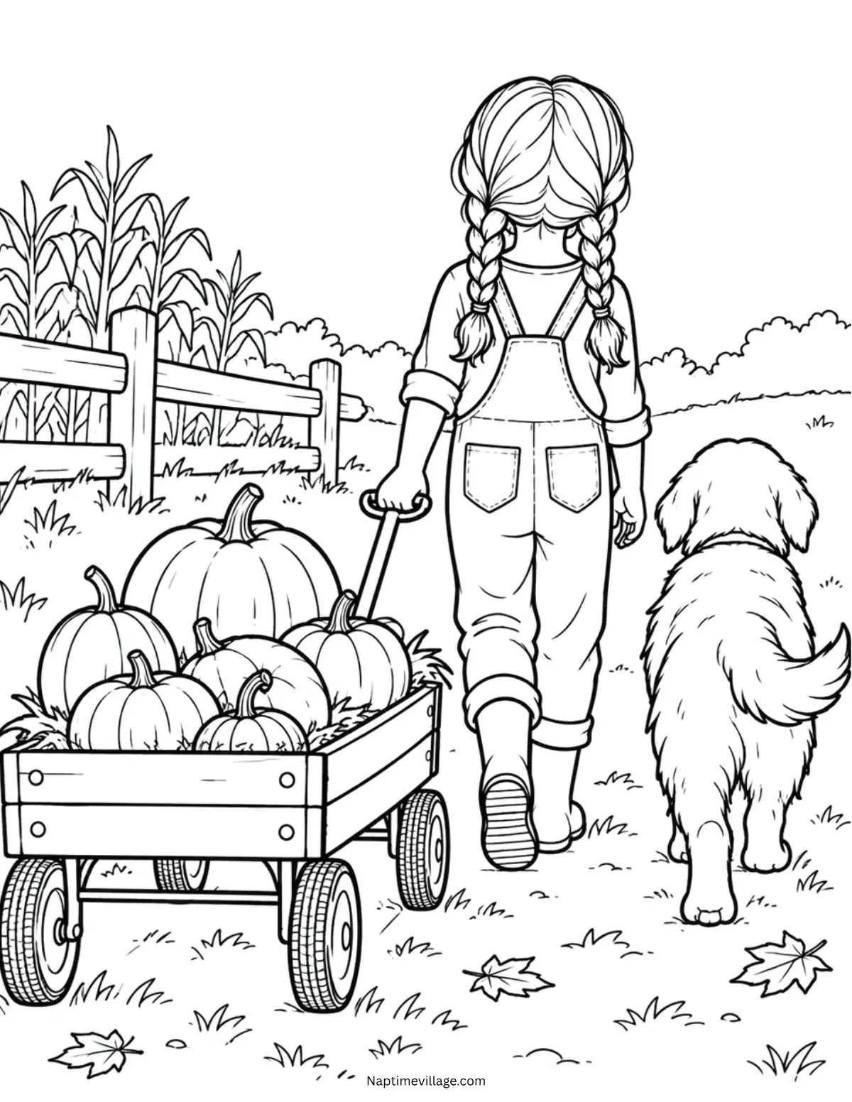 Girl and Dog at the Pumpkin Patch Coloring Page