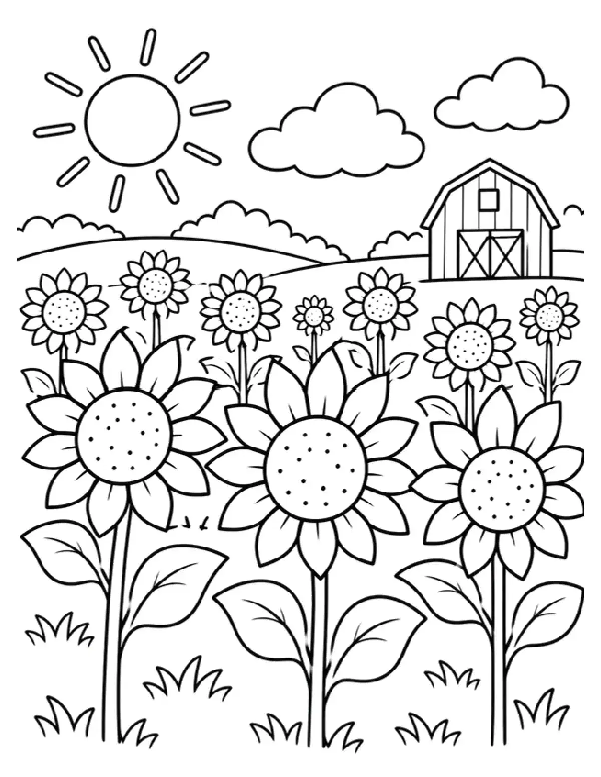 Sunflower Field and Barn Coloring Page