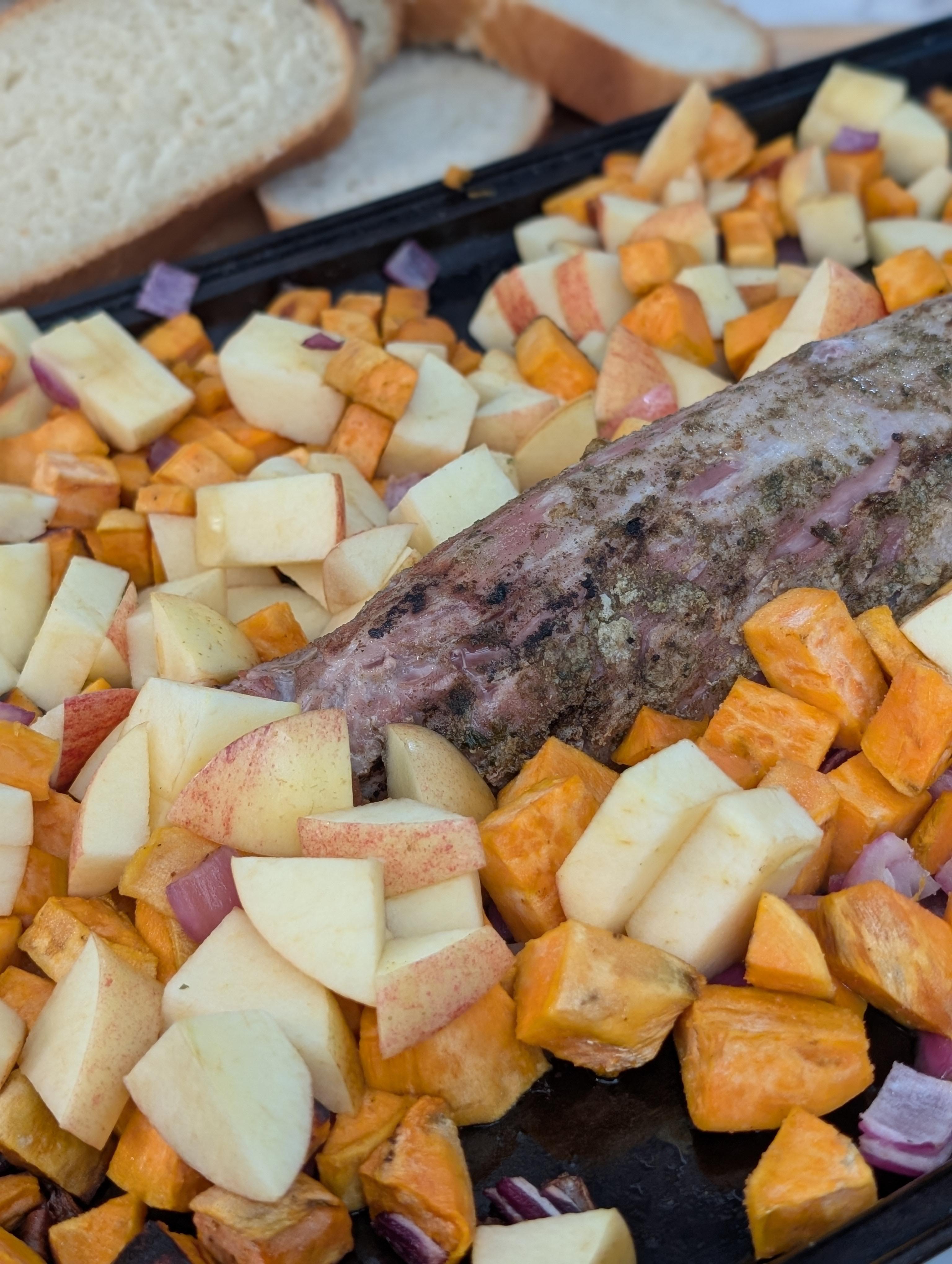Harvest Dinner: Sweet Potatoes, Red Onions, Apples, and Pork Loin