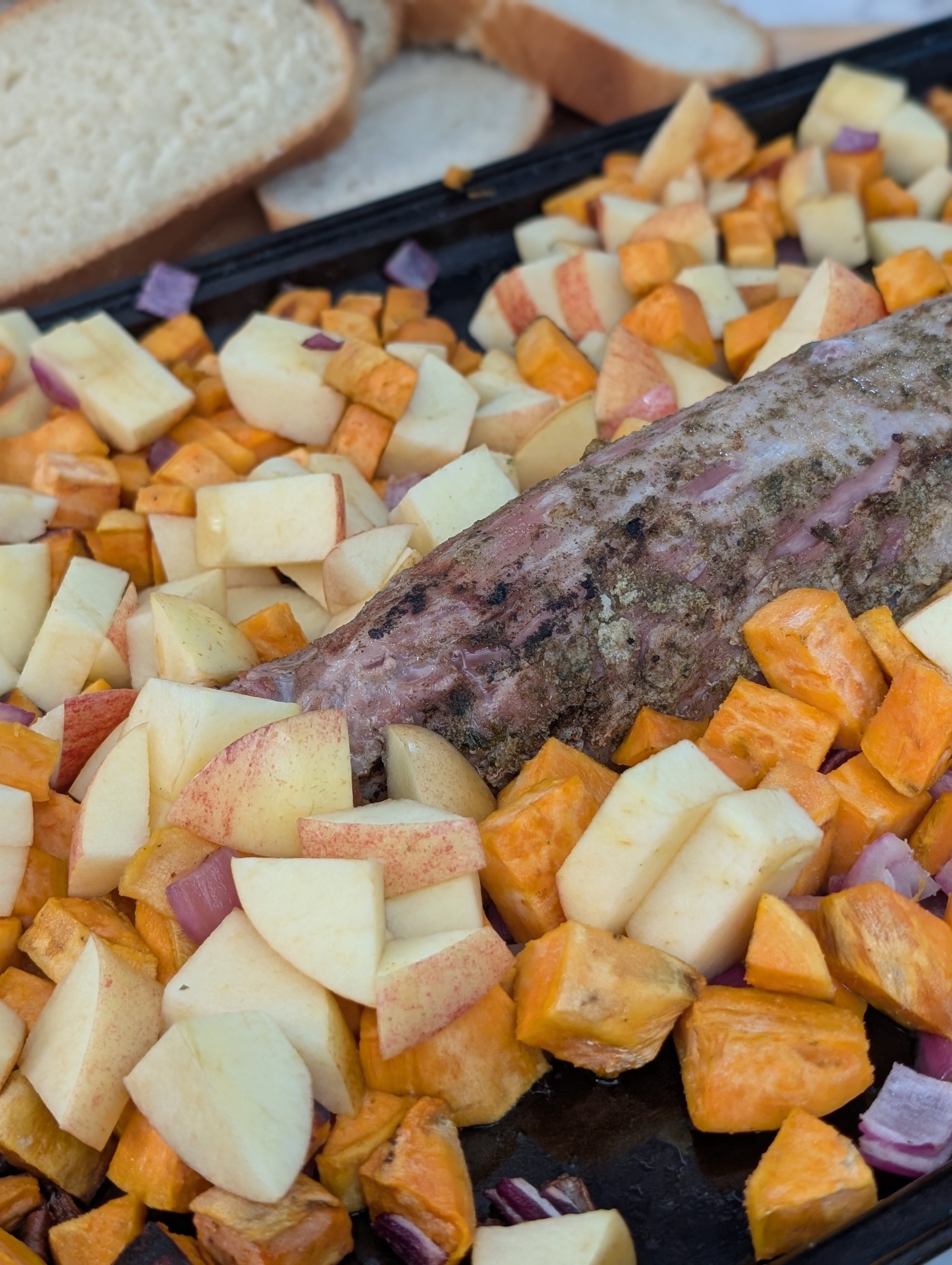 Photo for Harvest Dinner: Sweet Potatoes, Red Onions, Apples, and Pork Loin