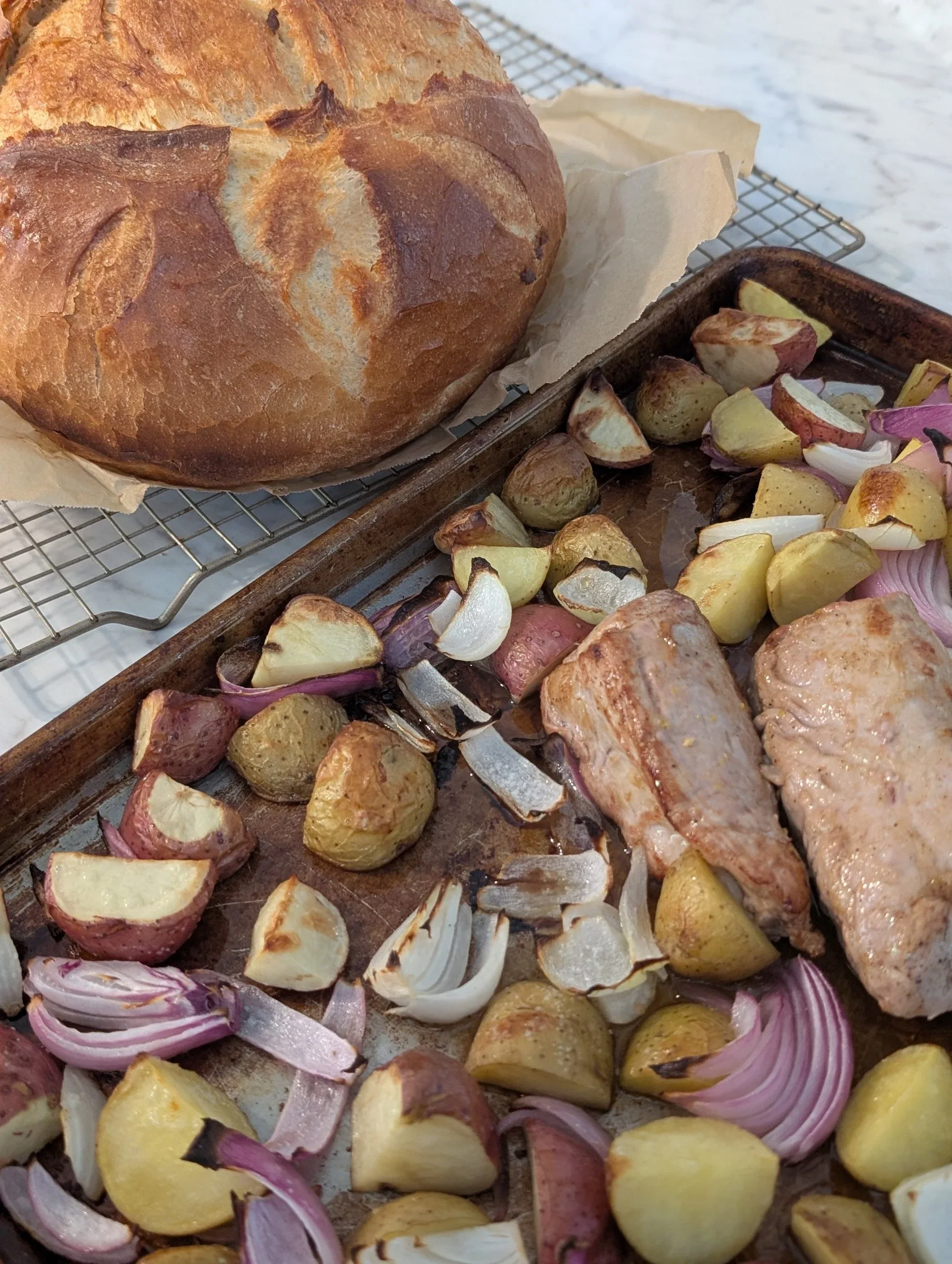 Photo for Juicy Oven-Roasted Pork Tenderloin with Potatoes, Onions & Fresh Homemade Bread
