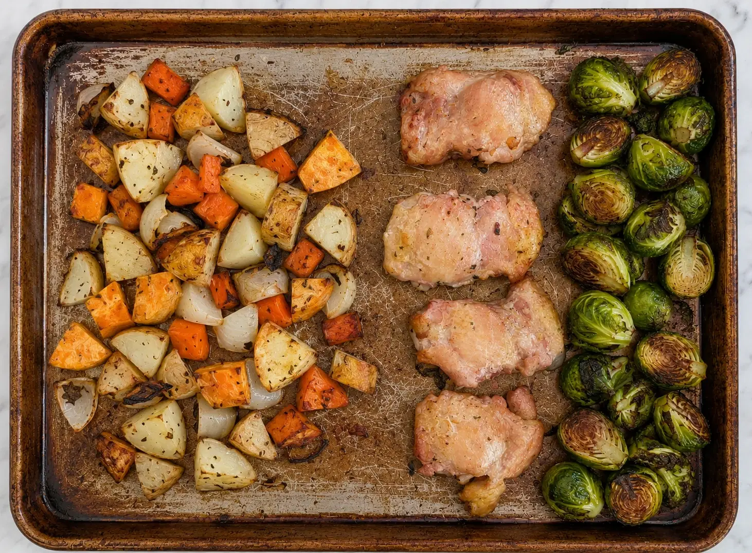 Sheet pan chicken with sweet potatoes and Brussels sprouts