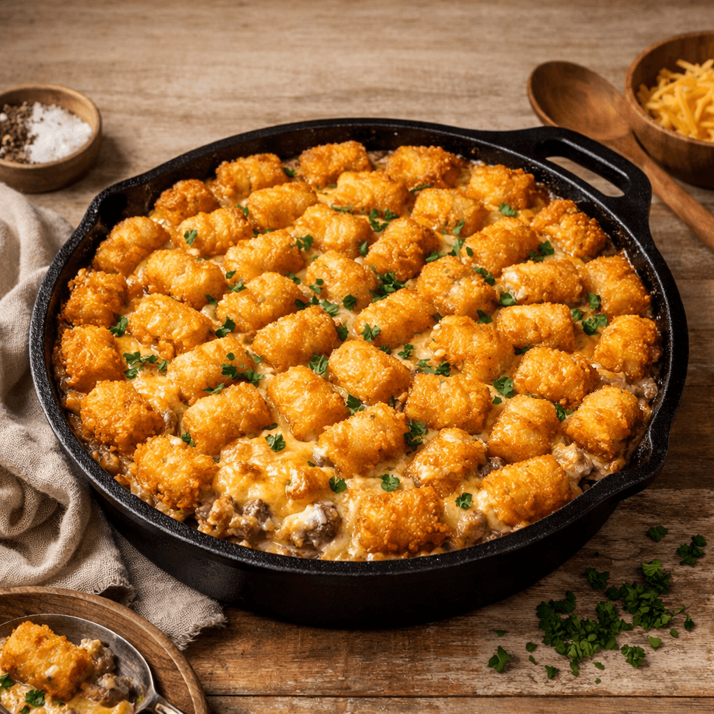 Baked tater tot casserole with crispy golden tater tots, melted cheddar cheese, and a creamy beef filling in a casserole dish