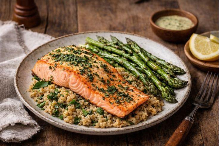 Baked Salmon with Herbed Farro and Asparagus